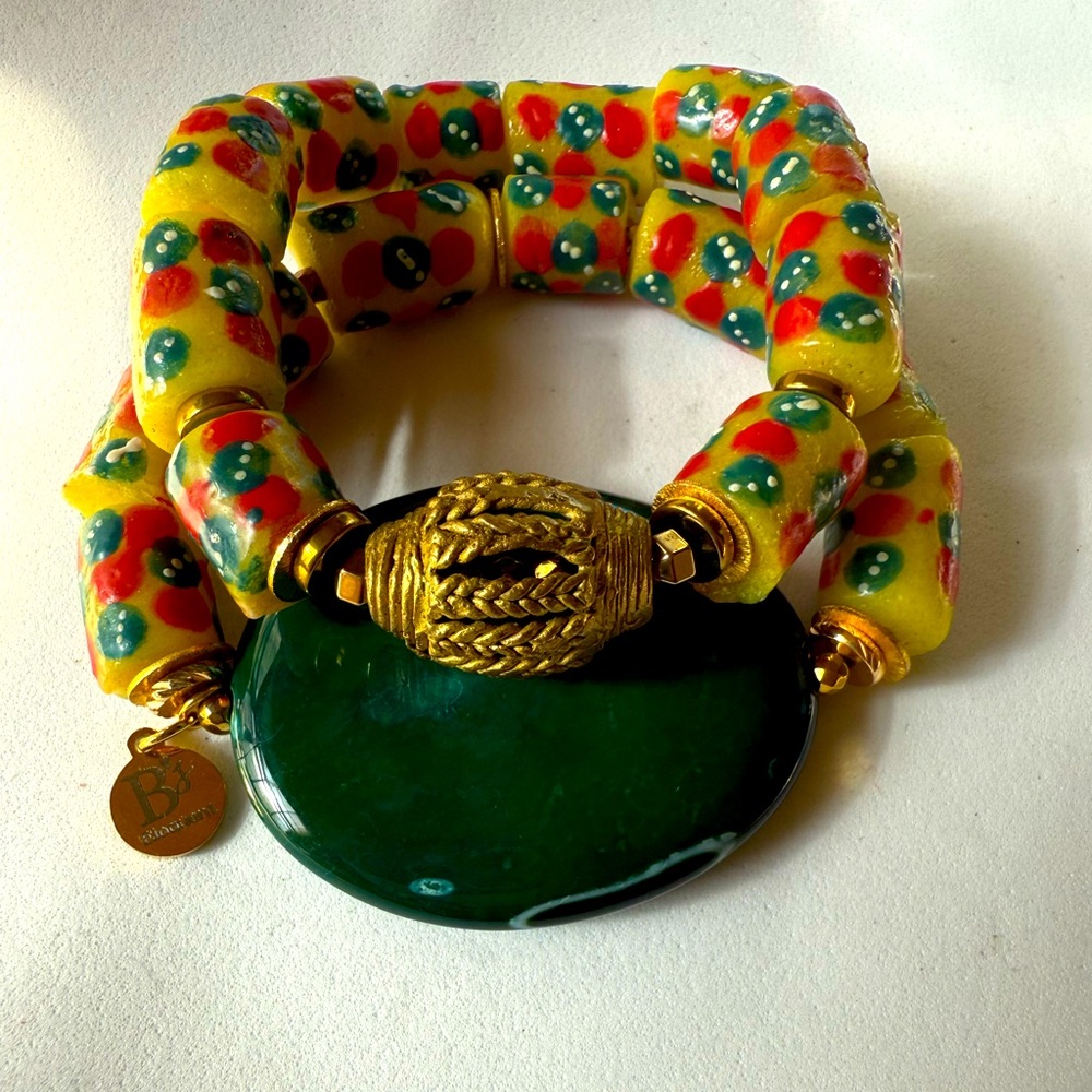 Colorful Beaded Bracelet with Green Stone